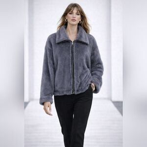 Anthropologie Bristol Faux Fur Jacket Blue Zip Front Cozy Luxury Size M